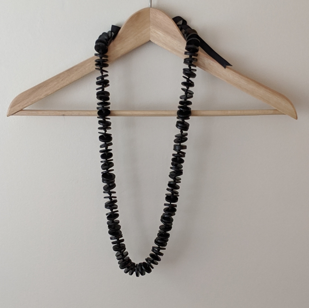 Black Wooden Necklace w Ribbon Tie